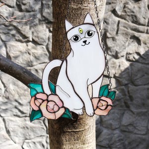 Suncatcher White Cat in Flowers Stained Glass Window Hanging Panel Glass Wall Decor Cat Art gift Mother’s Gift Custom Cat