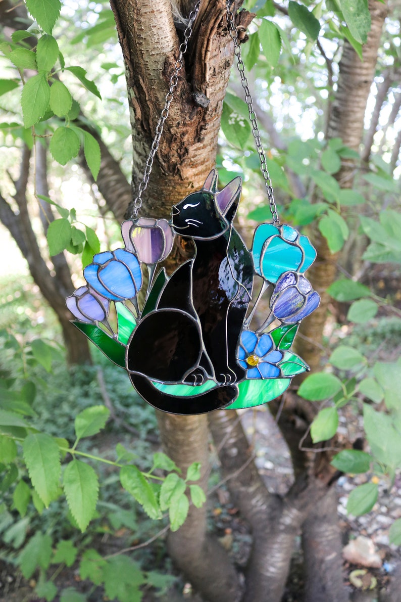 Suncatcher Cat in Flowers Stained Glass Window Hangins Glass Wall Decor ...