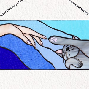 Suncatcher Cat reaching for a human hand with its paw Stained glass window panel Hanging home decor Glass wall art Gift for cat lovers image 9