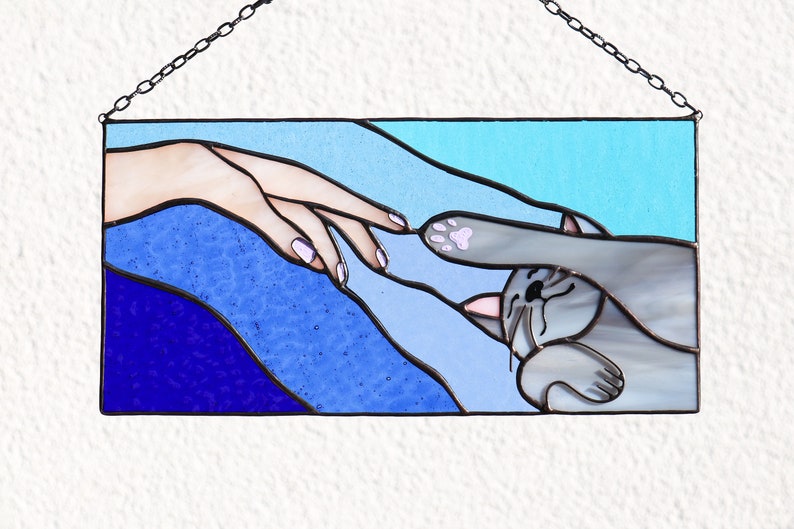 Suncatcher Cat reaching for a human hand with its paw Stained glass window panel Hanging home decor Glass wall art Gift for cat lovers image 9