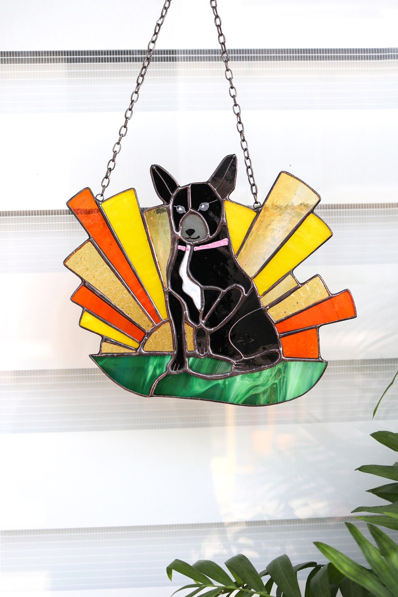 Suncatcher Dog and Sun Stained Glass decor for home Handmade gift Glass Wall Window Hangings Custom pet portrait Gift for pet lover image 3