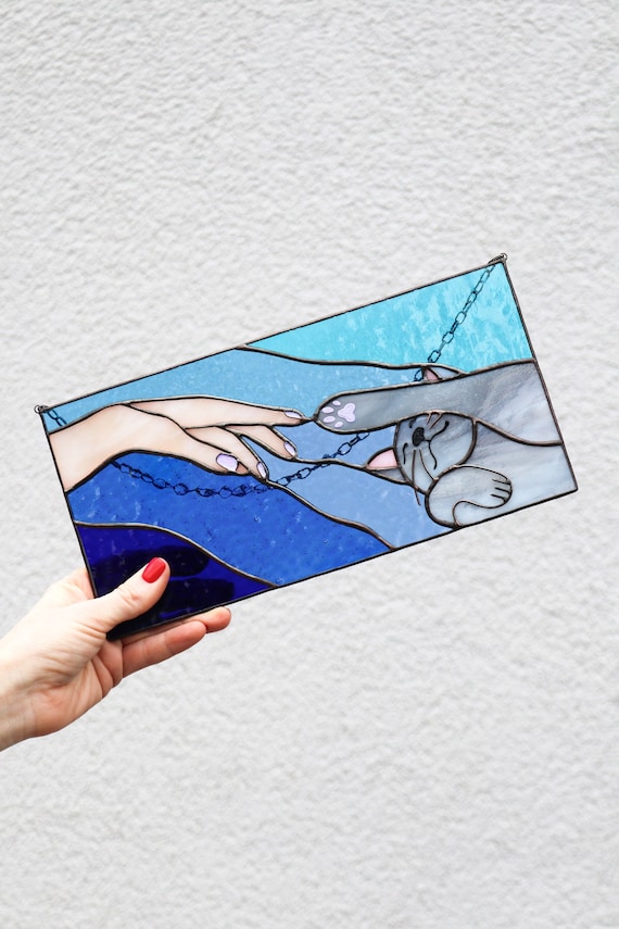 Suncatcher Cat reaching for a human hand with its paw Stained glass window panel Hanging home decor Glass wall art Gift for cat lovers