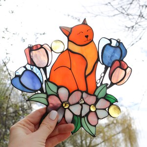 Suncatcher Orange Cat in Tulip Flowers Stained Glass Window Hangins Glass Wall Decor Cat Art gift Mother’s day gift Custom Cat image 9