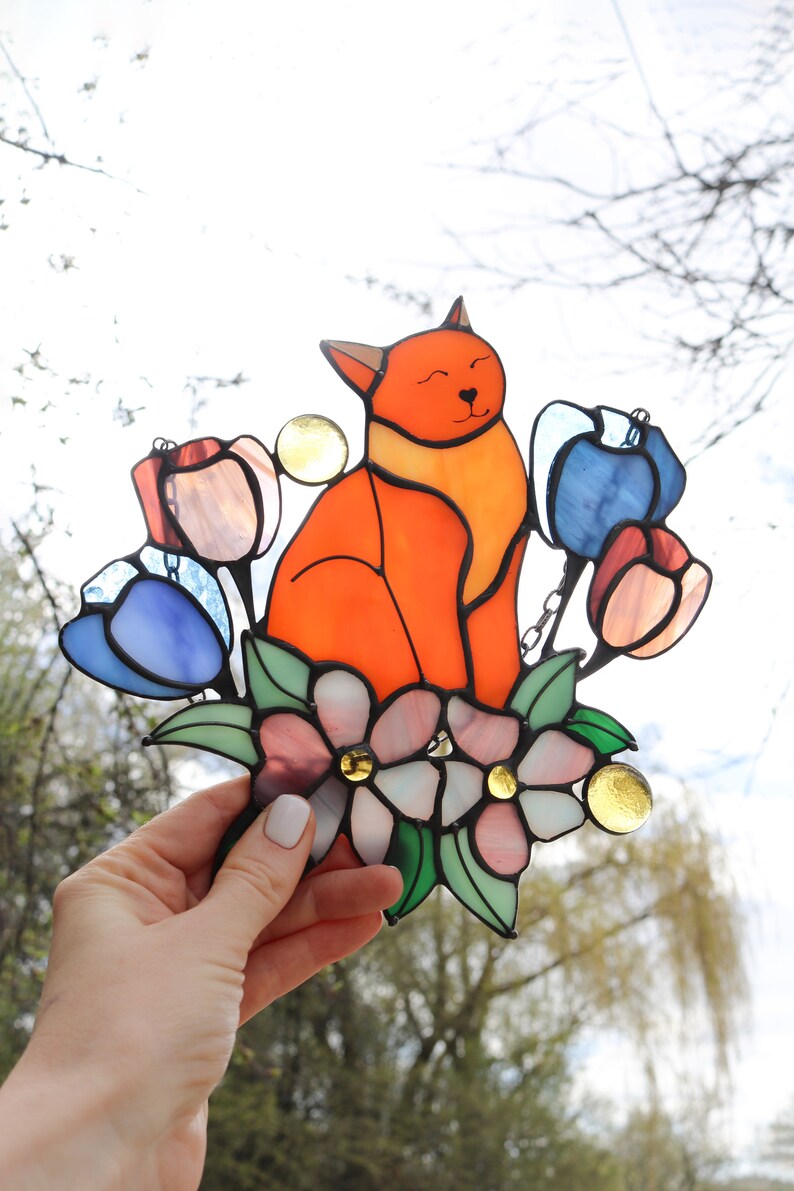 Suncatcher Orange Cat in Tulip Flowers Stained Glass Window Hangins Glass Wall Decor Cat Art gift Mother’s day gift Custom Cat image 9