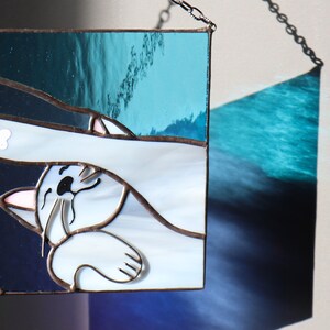 Suncatcher Cat reaching for a human hand with its paw Stained glass window panel Hanging home decor Glass wall art Gift for cat lovers image 5