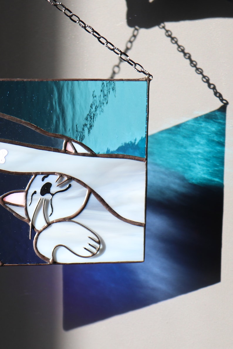 Suncatcher Cat reaching for a human hand with its paw Stained glass window panel Hanging home decor Glass wall art Gift for cat lovers image 5