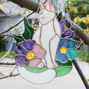 Attrape-soleil chat en fleurs vitrail Hangins décoration murale en verre chat Art cadeau fête des mères idée cadeau chat amoureux des chats fenêtre attrape-soleil image 8