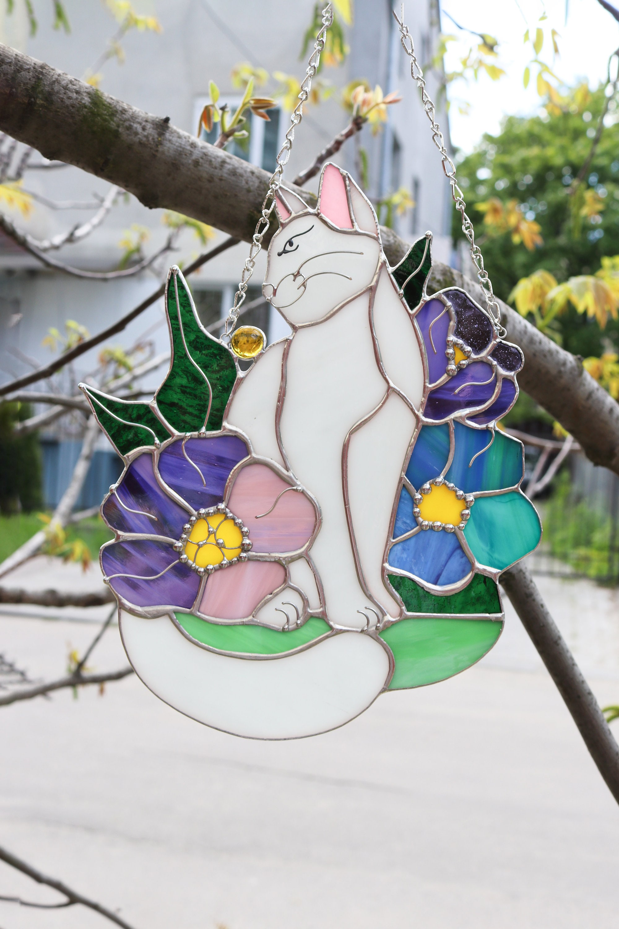 Suncatcher Cat in Flowers Stained Glass Window Hangins Glass Wall Decor ...