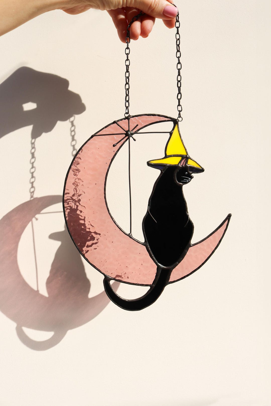 Suncatcher Black Сat on the Moon Stained Glass Halloween Cute Decor Cat ...