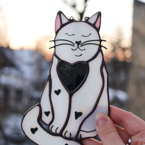 Cute White Cat in Love Stained Glass Window Panel Suncatcher Hanging ...