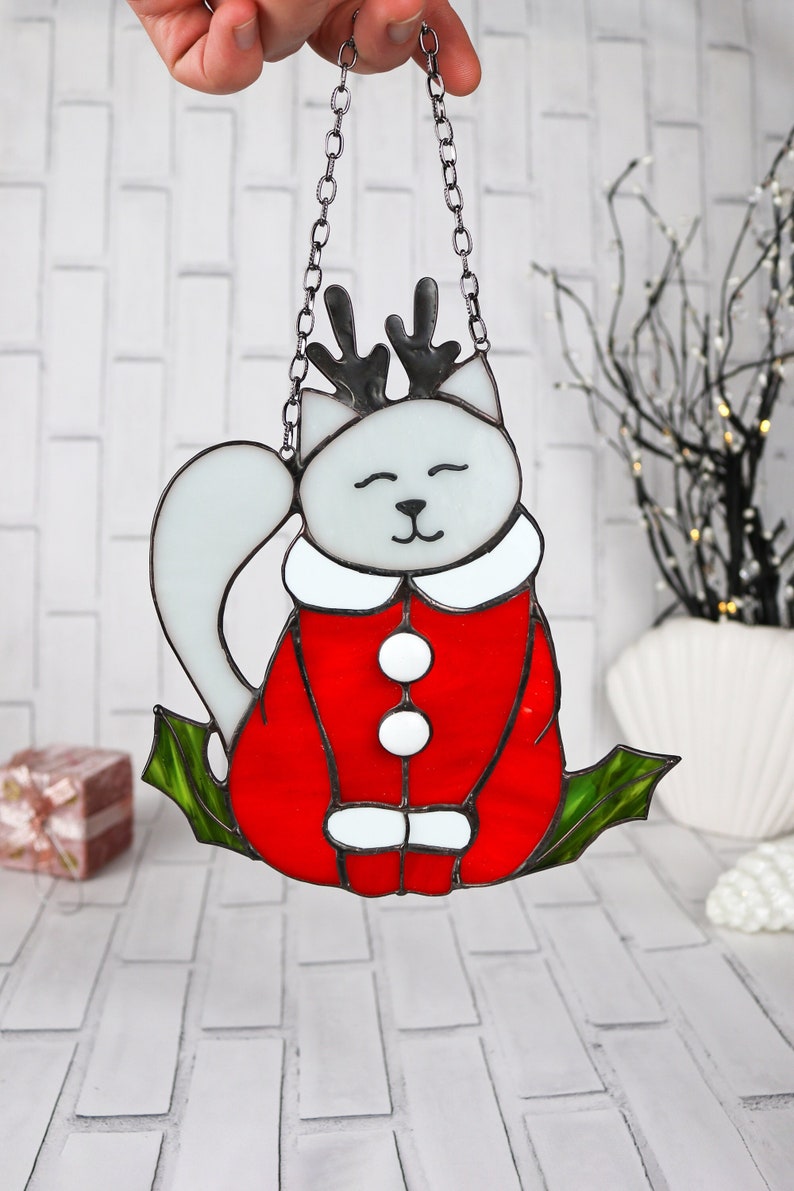 Suncatcher Сat in a Christmas reindeer costume Stained Glass Window Hangins Christmas home decor Cat Art gift Cute home decor Gray