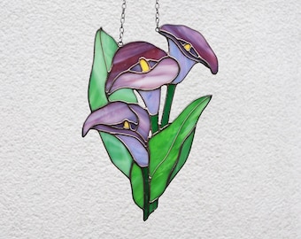 Purple Calla Lily flowers Stained glass Flower decor Suncatcher Wall art Hand made gifts for her Home decor Window Hangings Glass wall art