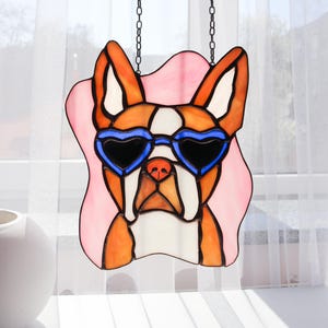 Suncatcher Bulldog with glasses  Stained Glass decor for home Glass Wall Window Hangings Custom pet portrait Gift for pet lover