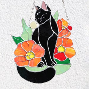 Attrape-soleil chat en fleurs vitrail Hangins décoration murale en verre chat Art cadeau fête des mères idée cadeau chat amoureux des chats fenêtre attrape-soleil Black cat