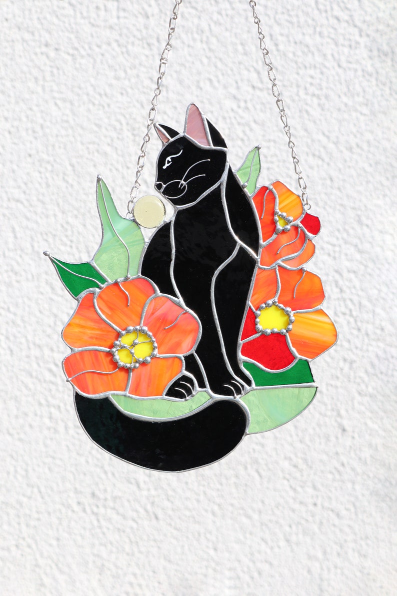 Attrape-soleil chat en fleurs vitrail Hangins décoration murale en verre chat Art cadeau fête des mères idée cadeau chat amoureux des chats fenêtre attrape-soleil Black cat