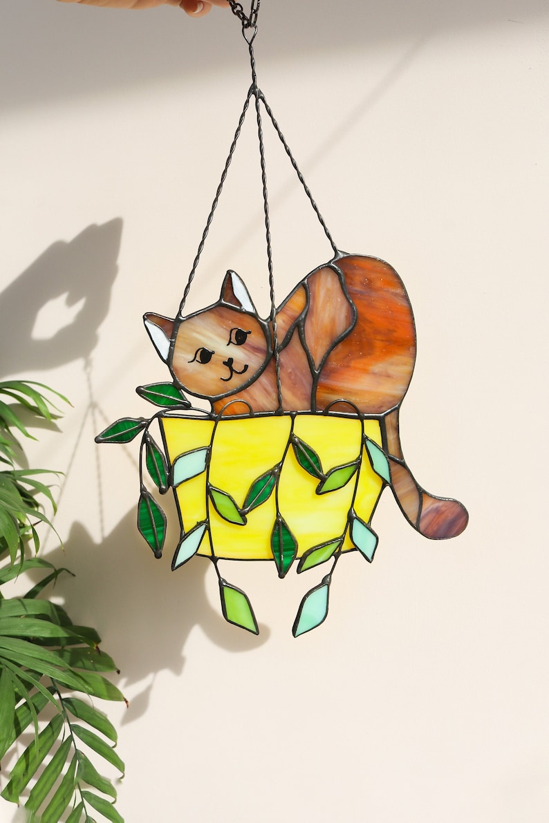 Cat in a flowerpot Suncatcher Stained Glass Window Hangins Glass Wall Decor Cat Art gift Custom Cat Gift idea for cat lover image 3