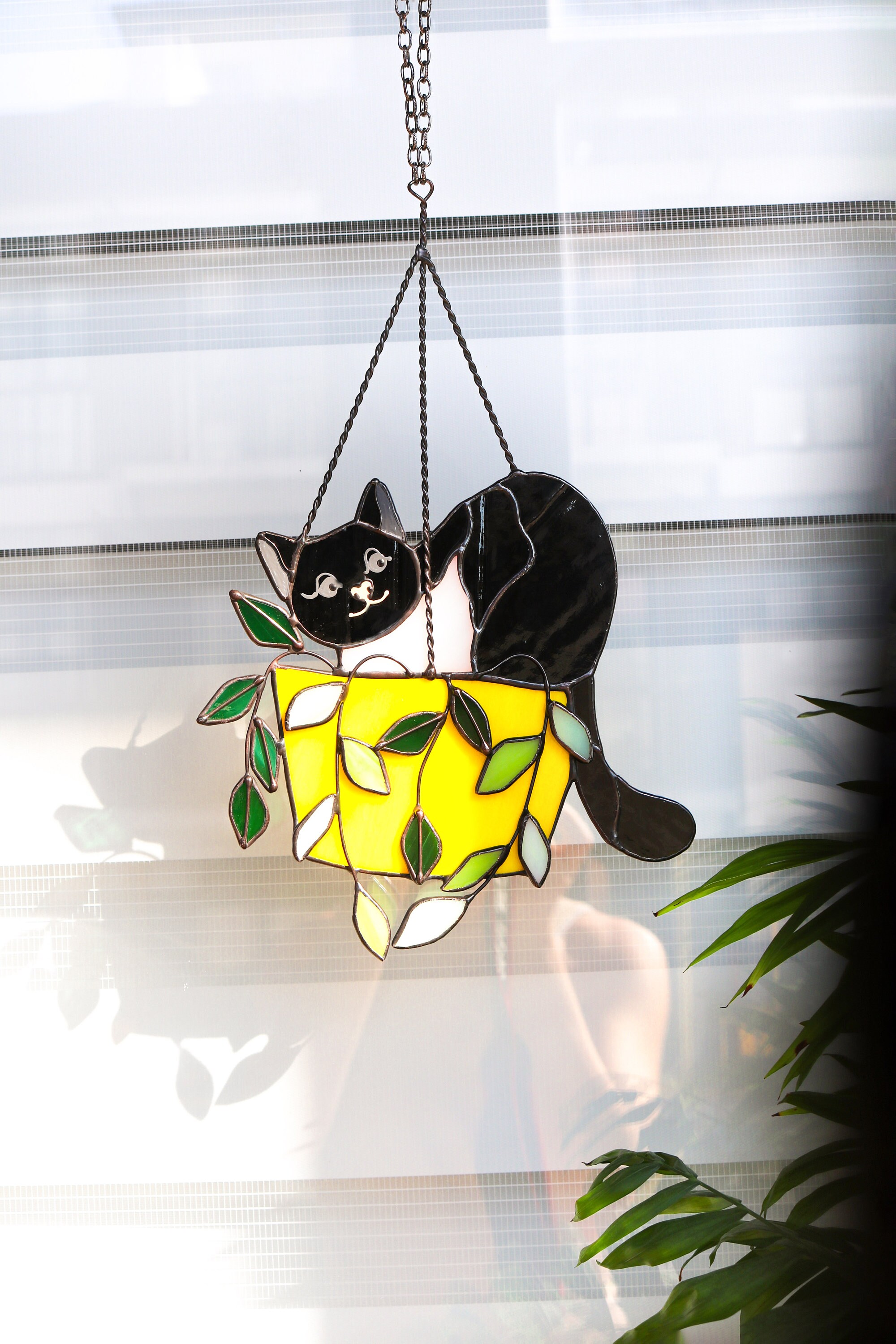 EPOGIFTS Black Cat Decor Stained Glass Window Hanging,Funny Cat Gifts For Cat Lovers Stained Glass Suncatcher For Window,Two Black Cat