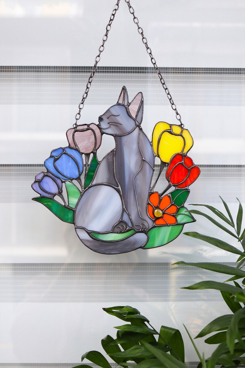 Suncatcher Cat in Flowers Stained Glass Window Hangins Glass Wall Decor Cat Art gift Custom Cat Gift idea for cat lover Handmade gift Gray