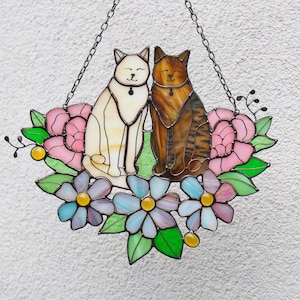 Suncatcher Two Cats in Flowers Stained Glass Window Hangins Glass Wall Decor Cat Art gift Custom Cat Gift idea for cat lover Handmade gift blonde/striped brown