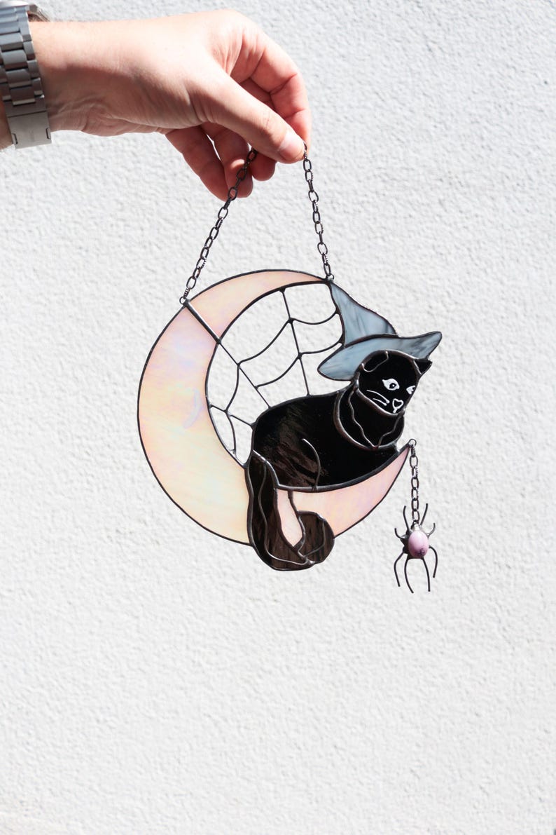 Suncatcher Сat on the Moon Stained Glass Halloween Funny Decor Cat Art ...
