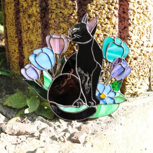 Suncatcher Cat in Flowers Stained Glass Window Hangins Glass Wall Decor ...