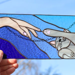 Suncatcher Cat reaching for a human hand with its paw Stained glass window panel Hanging home decor Glass wall art Gift for cat lovers image 3