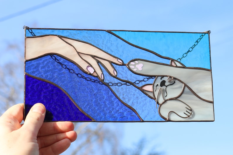 Suncatcher Cat reaching for a human hand with its paw Stained glass window panel Hanging home decor Glass wall art Gift for cat lovers image 3
