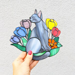 Suncatcher Cat in Flowers Stained Glass Window Hangins Glass Wall Decor ...
