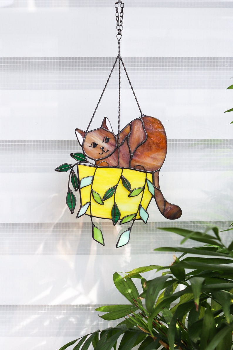 Cat in a flowerpot Suncatcher Stained Glass Window Hangins Glass Wall Decor Cat Art gift Custom Cat Gift idea for cat lover image 7