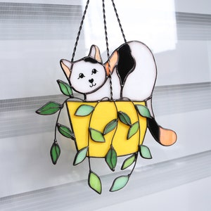 Cat in a flowerpot Suncatcher Stained Glass Window Hangins Glass Wall Decor Cat Art gift Custom Cat Gift idea for cat lover White cat