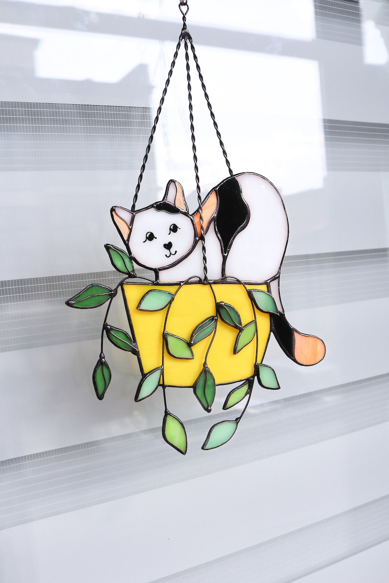 Cat in a flowerpot Suncatcher Stained Glass Window Hangins Glass Wall Decor Cat Art gift Custom Cat Gift idea for cat lover White cat