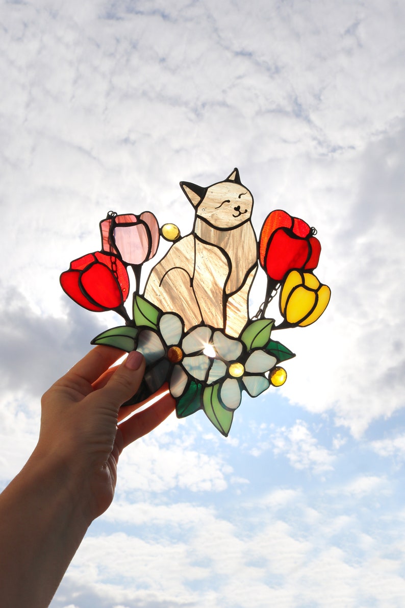 Suncatcher Cat in Tulip Flowers Stained Glass Window Hanging Decor Cat Art gift Window Panel Glass Wall Window Hangings Mothers Gift image 10