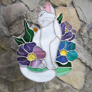 Attrape-soleil chat en fleurs vitrail Hangins décoration murale en verre chat Art cadeau fête des mères idée cadeau chat amoureux des chats fenêtre attrape-soleil image 7