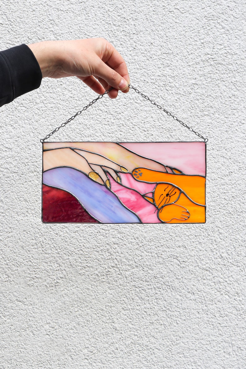 Suncatcher Cat reaching for a human hand with its paw Stained glass window panel Hanging home decor Glass wall art Gift for cat lovers Orange cat