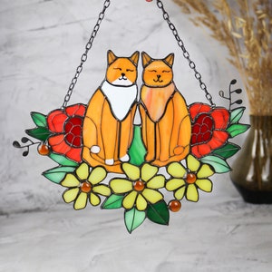 Suncatcher Two Cats in Flowers Stained Glass Window Hangins Glass Wall Decor Cat Art gift Custom Cat Gift idea for cat lover Handmade gift two orange