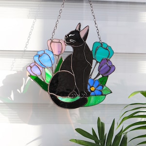 Suncatcher Cat in Flowers Stained Glass Window Hangins Glass Wall Decor Cat Art gift Custom Cat Gift idea for cat lover Handmade gift Black