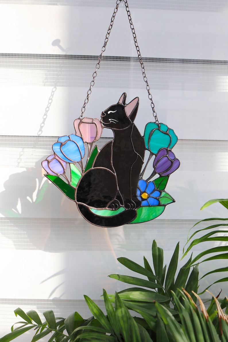 Suncatcher Cat in Flowers Stained Glass Window Hangins Glass Wall Decor Cat Art gift Custom Cat Gift idea for cat lover Handmade gift Black