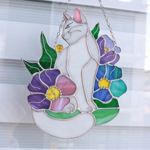 Attrape-soleil chat en fleurs vitrail Hangins décoration murale en verre chat Art cadeau fête des mères idée cadeau chat amoureux des chats fenêtre attrape-soleil image 3