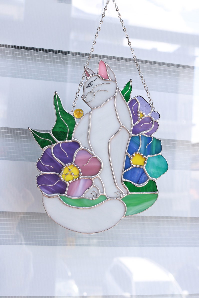 Attrape-soleil chat en fleurs vitrail Hangins décoration murale en verre chat Art cadeau fête des mères idée cadeau chat amoureux des chats fenêtre attrape-soleil image 3