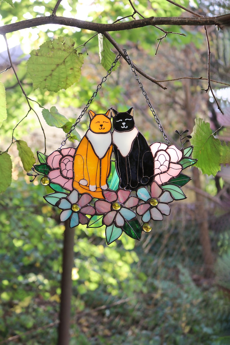 Suncatcher Two Cats in Flowers Stained Glass Window Hangins Glass Wall Decor Cat Art gift Custom Cat Gift idea for cat lover Handmade gift orange and black