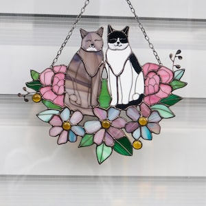 Suncatcher Two Cats in Flowers Stained Glass Window Hangins Glass Wall Decor Cat Art gift Custom Cat Gift idea for cat lover Handmade gift gray/black and white