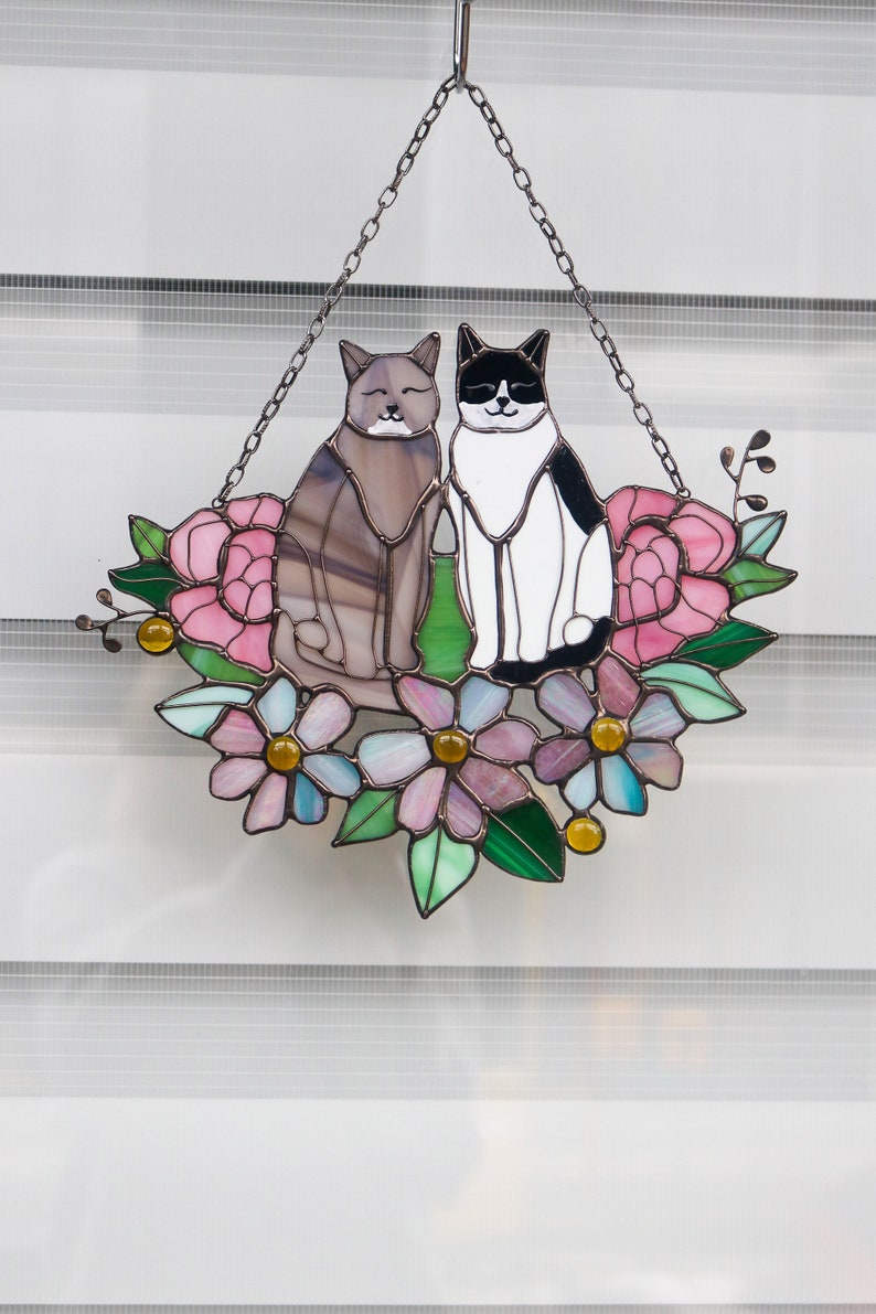 Suncatcher Two Cats in Flowers Stained Glass Window Hangins Glass Wall Decor Cat Art gift Custom Cat Gift idea for cat lover Handmade gift gray/black and white