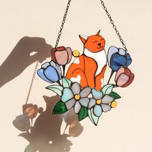 Suncatcher Cat in Tulip Flowers Stained Glass Window Hanging Decor Cat Art gift Window Panel Glass Wall Window Hangings Mothers Gift Orange and white