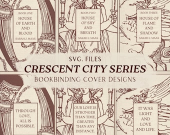 Puede incluir: Una colección de archivos SVG para diseños de portadas de encuadernación de la serie Crescent City. Los gráficos presentan dibujos de líneas de color marrón oscuro sobre un fondo claro, incluyendo ilustraciones de cuernos, una figura de tres cabezas y una criatura alada.