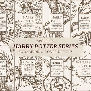 May include: A collection of brown and cream SVG files featuring Harry Potter bookbinding cover designs. The text includes titles such as Harry Potter and the Sorcerer's Stone, Chamber of Secrets, Prisoner of Azkaban, Order of the Phoenix, Half-Blood Prince, and Deathly Hallows.