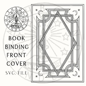 Puede incluir: Diseño de portada de encuadernación de libros en blanco y negro. El diseño incluye formas geométricas, estrellas y lunas crecientes. También está presente el texto "BOOK BINDING FRONT COVER SVG. FILE".