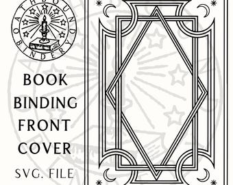 May include: Black and white book binding front cover design. The design includes geometric shapes, stars, and crescent moons. The text "BOOK BINDING FRONT COVER SVG. FILE" is also present.
