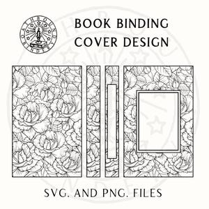 Puede incluir: Diseño de portada de encuadernación de libros en blanco y negro con un patrón floral de rosas. El diseño incluye el texto "BOOK BINDING COVER DESIGN" y "SVG. AND PNG. FILES". Un logotipo circular con texto y una vela está en la esquina superior izquierda.
