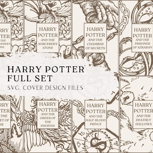 Peut inclure: Ensemble de couvertures de livres de la série Harry Potter, avec des illustrations détaillées en tons sépia. Les couvertures affichent des titres tels que "Harry Potter à l'école des sorciers" et "Harry Potter et la Chambre des secrets". Le texte "Harry Potter Full Set" est également visible.