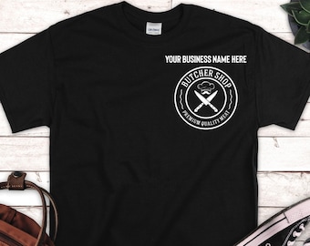 Anpassad t-shirt med slaktarlogotyp, anpassad t-shirt med slaktarföretagslogotyp, anpassad slaktartröja, slaktarbutikströja, slaktarlogotyp, slaktare